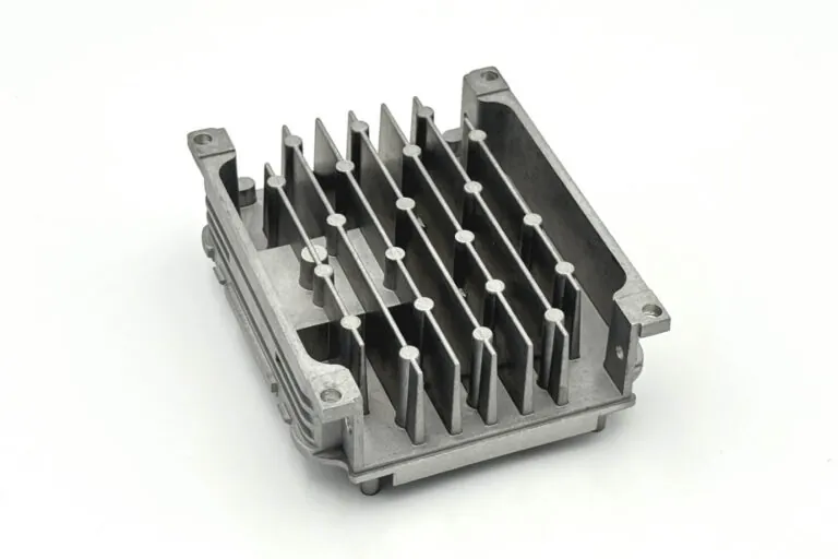 Complex non-linear fin arrangements in an aluminum die-cast heat sink designed for high-power thermal dissipation in restricted airflow environments.