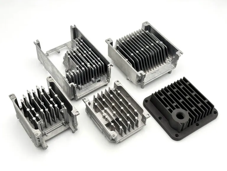 A collection of high-performance aluminum die-cast heat sinks and controller housings featuring complex 3D fin geometries for efficient thermal management.