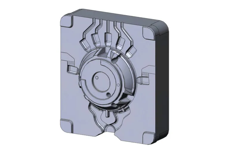 Technical visualization of a mold base with radial cooling channels designed for consistent thermal management during high-pressure die casting.